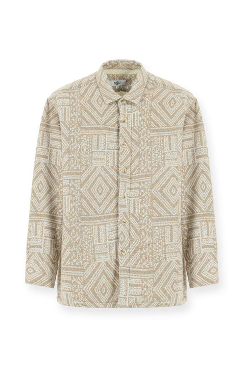 Light Beige Long Sleeve Oversize Patterned Fur-Trimmed Cotton Shirt/Coat