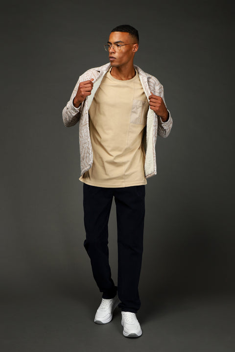 Light Beige Long Sleeve Oversize Patterned Fur-Trimmed Cotton Shirt/Coat