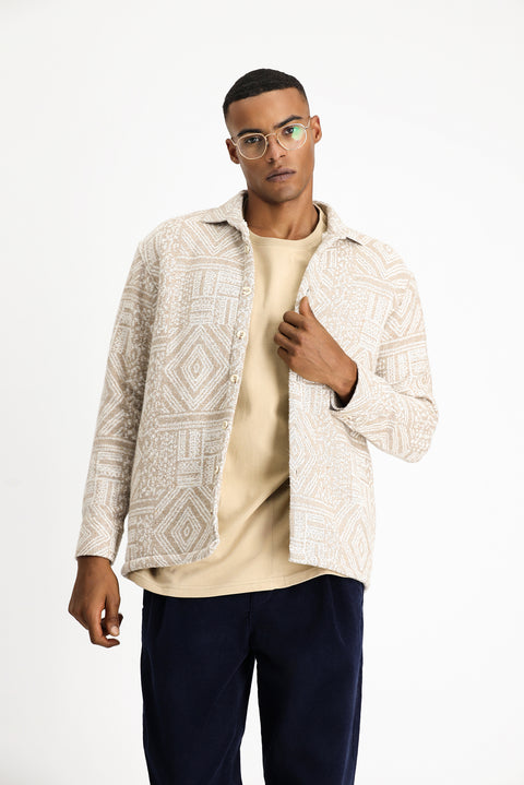 Light Beige Long Sleeve Oversize Patterned Fur-Trimmed Cotton Shirt/Coat