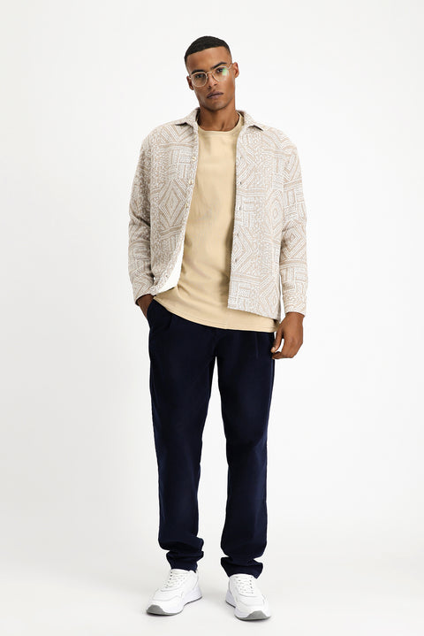 Light Beige Long Sleeve Oversize Patterned Fur-Trimmed Cotton Shirt/Coat