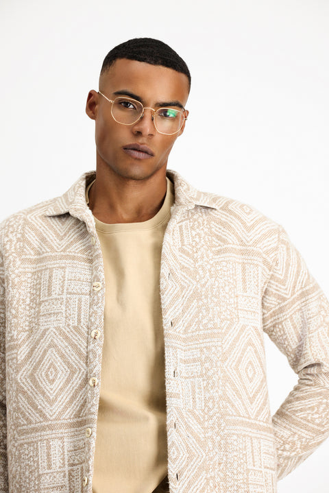 Light Beige Long Sleeve Oversize Patterned Fur-Trimmed Cotton Shirt/Coat