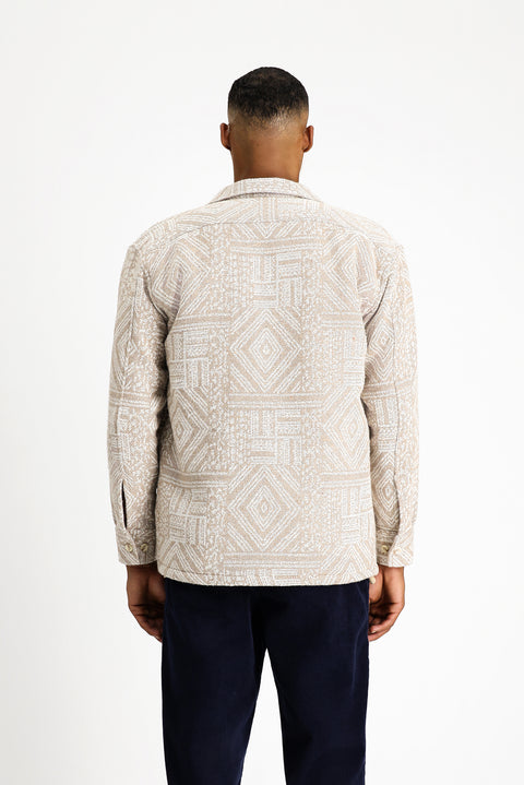 Light Beige Long Sleeve Oversize Patterned Fur-Trimmed Cotton Shirt/Coat