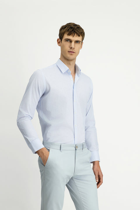 Light Blue Long Sleeve Slim Fit Printed Cotton Shirt