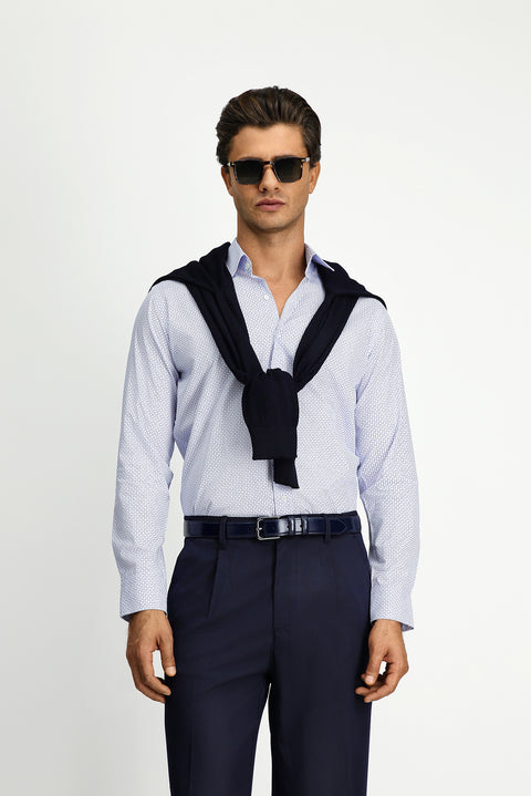 Dark Blue Long Sleeve Slim Fit Printed Cotton Shirt