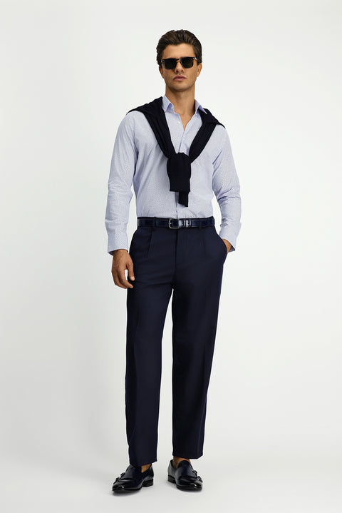 Dark Blue Long Sleeve Slim Fit Printed Cotton Shirt