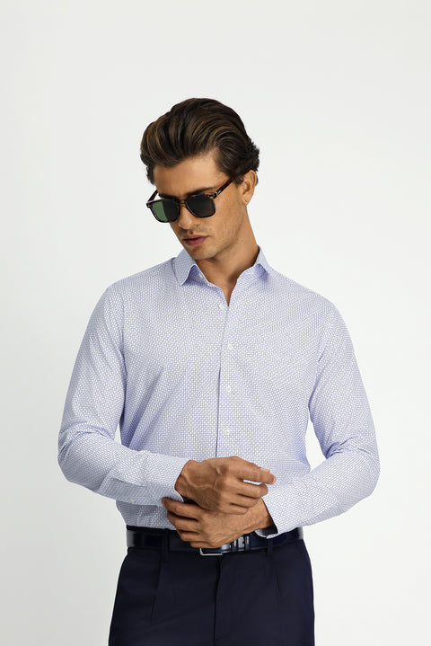 Dark Blue Long Sleeve Slim Fit Printed Cotton Shirt