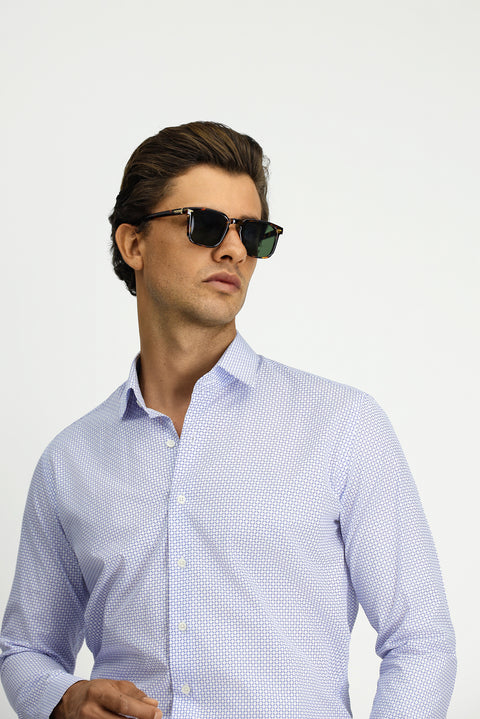 Dark Blue Long Sleeve Slim Fit Printed Cotton Shirt