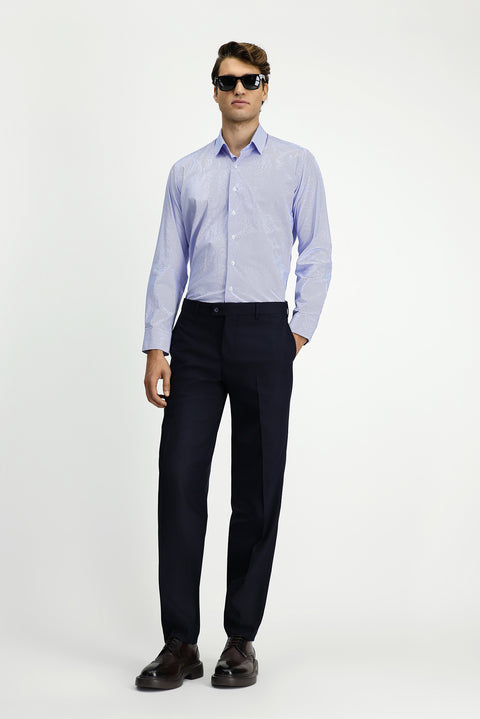 Blue Long Sleeve Slim Fit Printed Cotton Shirt