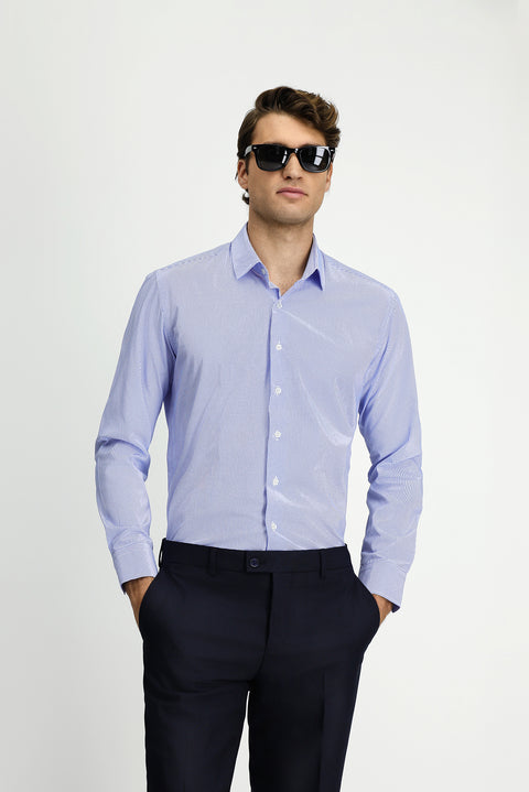 Blue Long Sleeve Slim Fit Printed Cotton Shirt