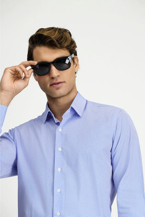 Blue Long Sleeve Slim Fit Printed Cotton Shirt
