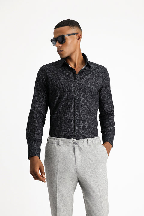 Siyah Uzun Kol Slim Fit Dar Kesim Baskılı Spor Pamuk Gömlek