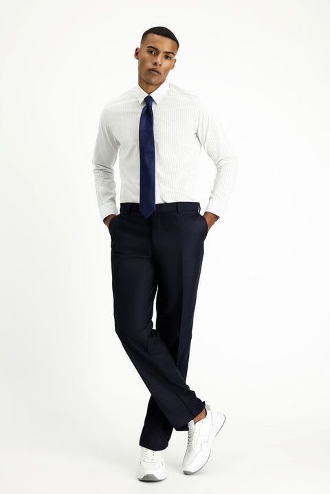 Light Navy Long Sleeve Slim Fit Classic Striped Cotton Shirt
