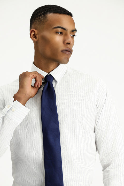 Light Navy Long Sleeve Slim Fit Classic Striped Cotton Shirt