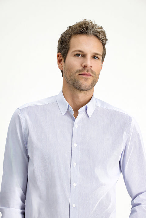 Light Navy Long Sleeve Slim Fit Narrow Cut Cotton Striped Classic Shirt