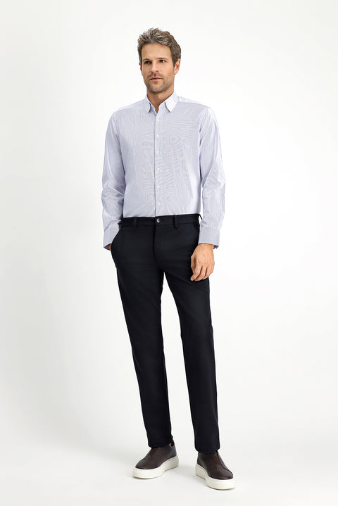 Light Navy Long Sleeve Slim Fit Narrow Cut Cotton Striped Classic Shirt