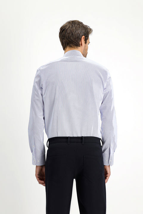 Light Navy Long Sleeve Slim Fit Narrow Cut Cotton Striped Classic Shirt