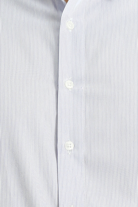 Light Navy Long Sleeve Slim Fit Narrow Cut Cotton Striped Classic Shirt