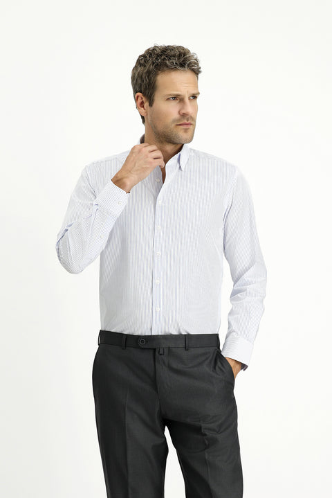 Blue Long Sleeve Slim Fit Classic Striped Cotton Shirt