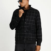 Black Slim Fit Narrow Cut Plaid Wool Bomber Jacket