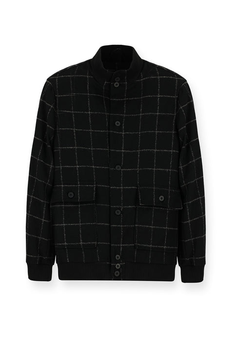 Black Slim Fit Narrow Cut Plaid Wool Bomber Jacket