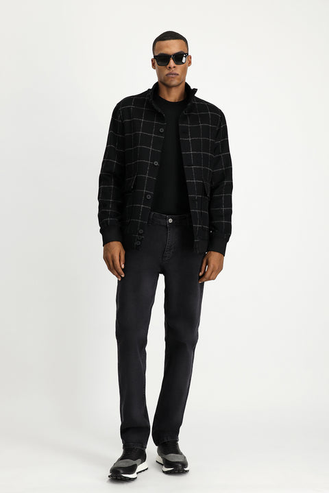 Black Slim Fit Narrow Cut Plaid Wool Bomber Jacket
