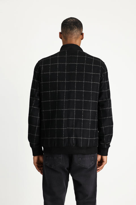 Black Slim Fit Narrow Cut Plaid Wool Bomber Jacket