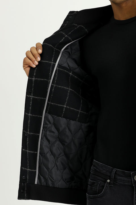 Black Slim Fit Narrow Cut Plaid Wool Bomber Jacket