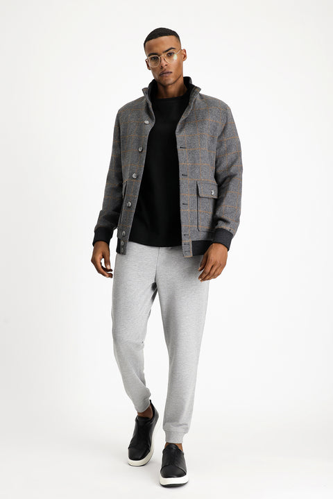 Medium Gray Slim Fit Narrow Cut Plaid Wool Bomber Jacket