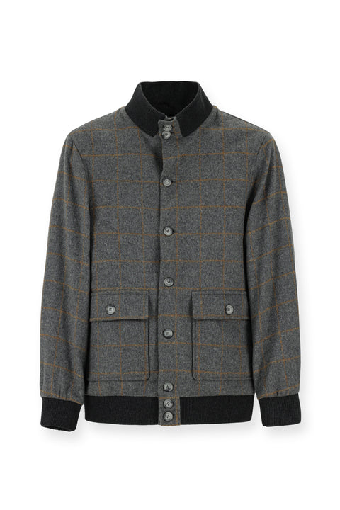 Medium Gray Slim Fit Narrow Cut Plaid Wool Bomber Jacket