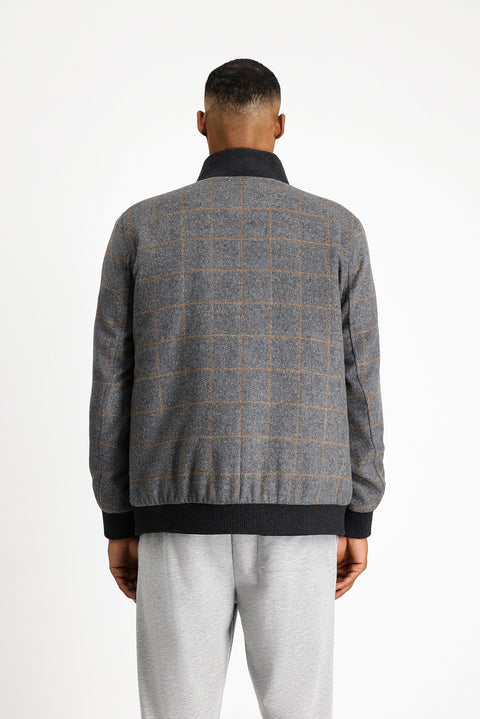 Medium Gray Slim Fit Narrow Cut Plaid Wool Bomber Jacket