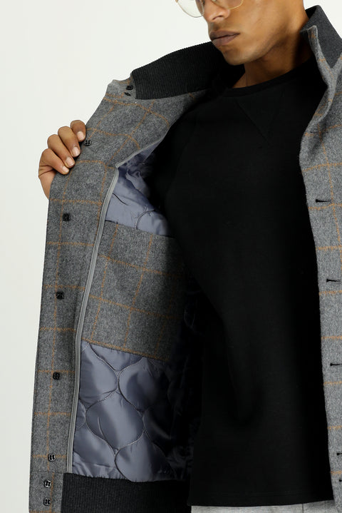 Medium Gray Slim Fit Narrow Cut Plaid Wool Bomber Jacket