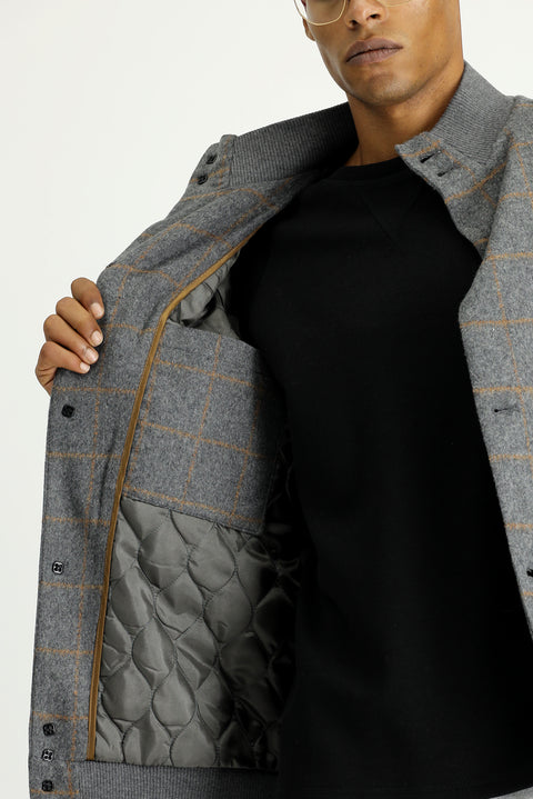 Medium Gray Slim Fit Narrow Cut Plaid Wool Bomber Jacket