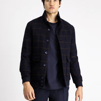 Dark Navy Slim Fit Narrow Cut Plaid Wool Bomber Jacket