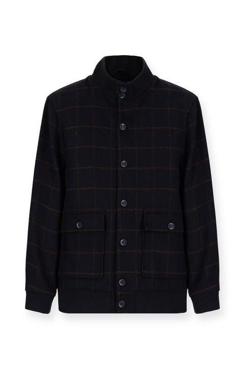 Dark Navy Slim Fit Narrow Cut Plaid Wool Bomber Jacket