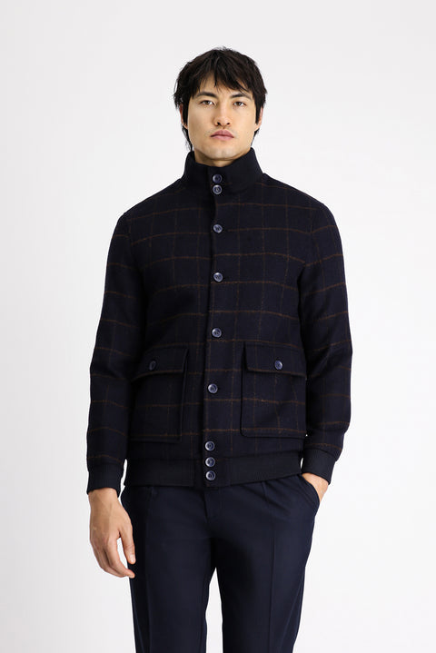 Dark Navy Slim Fit Narrow Cut Plaid Wool Bomber Jacket
