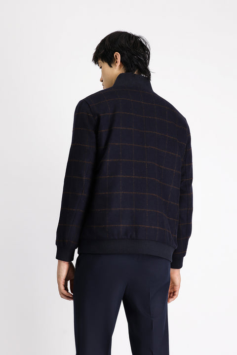 Dark Navy Slim Fit Narrow Cut Plaid Wool Bomber Jacket