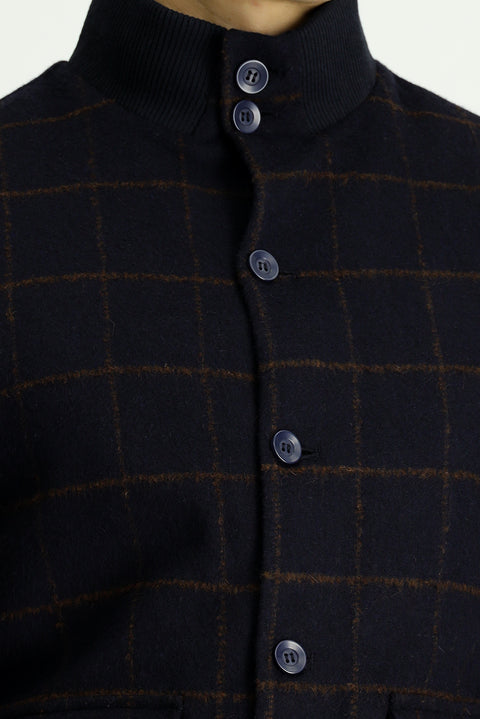 Dark Navy Slim Fit Narrow Cut Plaid Wool Bomber Jacket