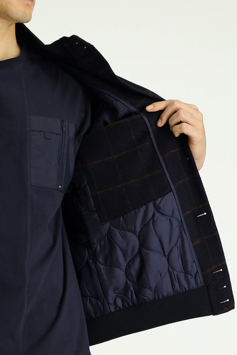 Dark Navy Slim Fit Narrow Cut Plaid Wool Bomber Jacket