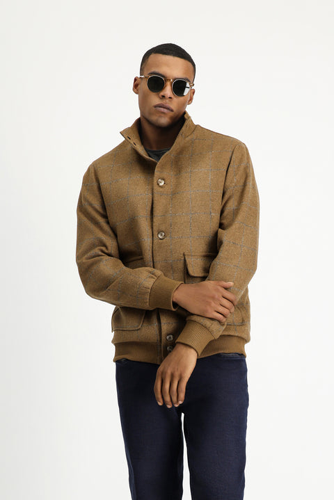 Camel Slim Fit Narrow Cut Plaid Wool Bomber Jacket
