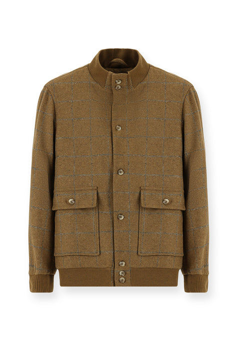 Camel Slim Fit Narrow Cut Plaid Wool Bomber Jacket