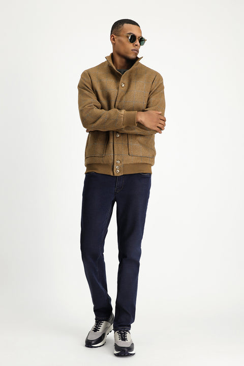 Camel Slim Fit Narrow Cut Plaid Wool Bomber Jacket
