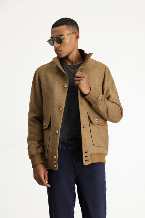 Camel Slim Fit Narrow Cut Plaid Wool Bomber Jacket