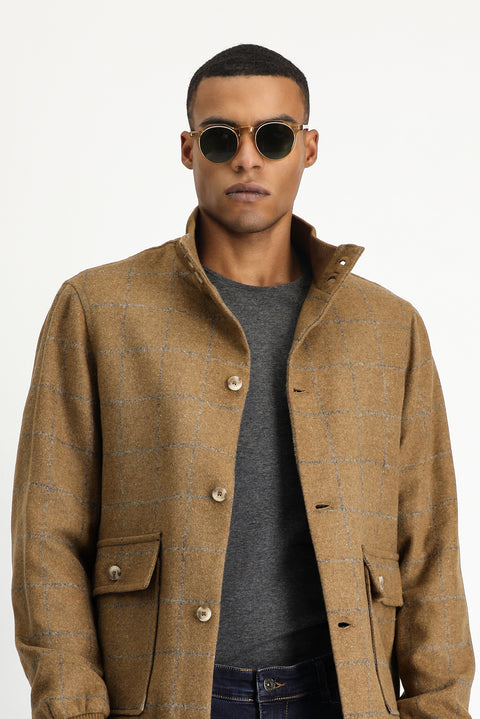 Camel Slim Fit Narrow Cut Plaid Wool Bomber Jacket