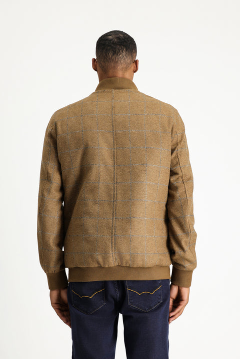 Camel Slim Fit Narrow Cut Plaid Wool Bomber Jacket
