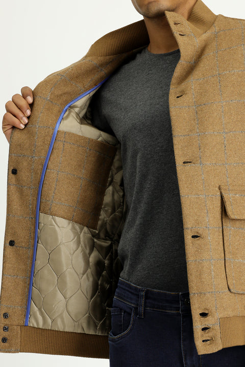 Camel Slim Fit Narrow Cut Plaid Wool Bomber Jacket