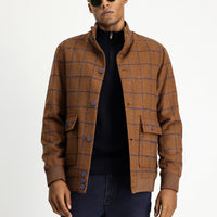 Taba Slim Fit Dar Kesim Kareli Yünlü Bomber Ceket Mont