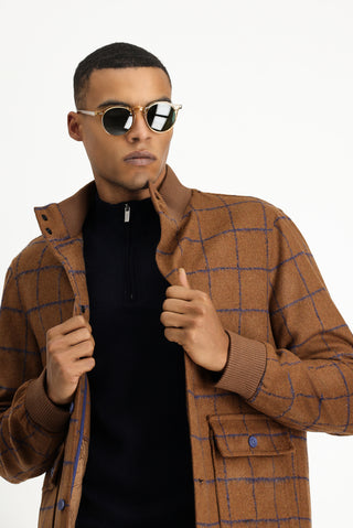  Taba Slim Fit Dar Kesim Kareli Yünlü Bomber Ceket Mont