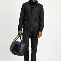 Dark Anthracite Slim Fit Narrow Cut Plaid Wool Bomber Jacket