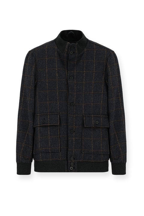 Dark Anthracite Slim Fit Narrow Cut Plaid Wool Bomber Jacket