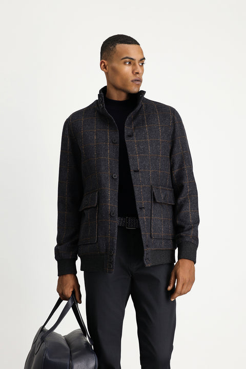 Dark Anthracite Slim Fit Narrow Cut Plaid Wool Bomber Jacket